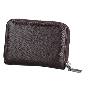 Detailed view of dark brown genuine leather card holder with textured litchi grain and zipper
