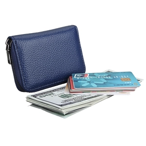Detail of dark blue lychee grain leather wallet with silver zipper and RFID card slots