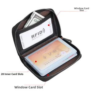 Detail of RFID leather card holder with 20 transparent slots and zipper closure