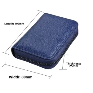 Detailed size chart showing 108x80x25mm dimensions of the blue leather card holder