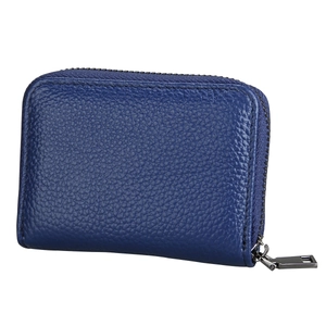 Detailed view of deep blue litchi grain leather card holder with gunmetal zipper detail
