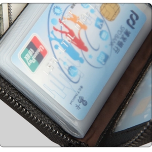 Close-up of RFID leather card wallet featuring transparent PVC slots and metal zipper