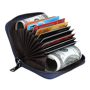 Detailed view of blue leather accordion card wallet with RFID lining and metal zipper