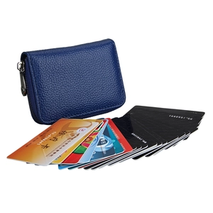 Blue lychee pattern leather card holder with RFID protection and multi-slot accordion design