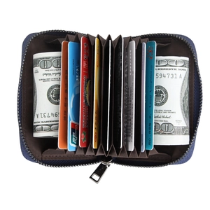 Detail view of large capacity accordion card holder with blue woven texture and RFID lining