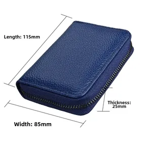 Detailed size chart for blue leather RFID card holder with dimensions 115x85x25mm