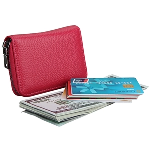 Close-up of rose red lychee grain leather card wallet with zip closure and bank cards