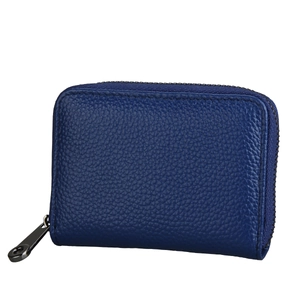 Detail of deep blue RFID leather card wallet with pebbled texture and metal zipper