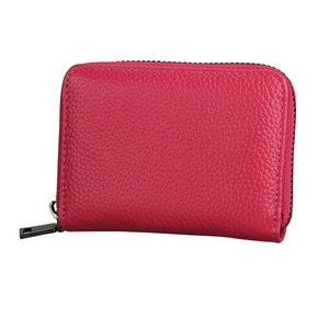 Close-up of rose red leather card holder with litchi texture and metal zipper detail