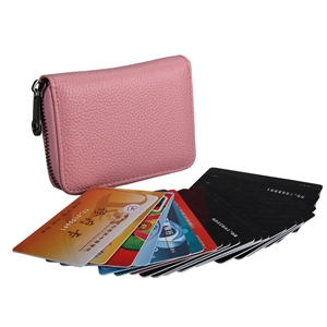 Pink lychee texture leather RFID card holder with a zipper closure and multiple card slots