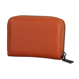 Close-up of orange-brown litchi grain leather wallet with a premium metal U-shaped zipper