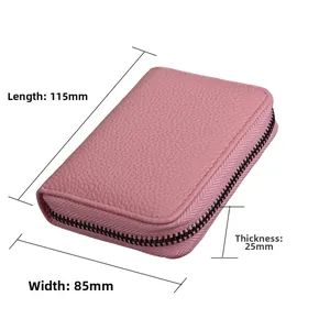 Pink lychee texture leather RFID card wallet showing dimensions 115x85x25mm