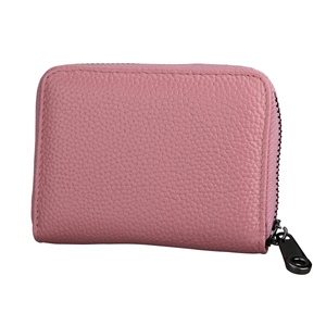 Close-up of pink litchi grain leather card holder with U-shaped zipper detail