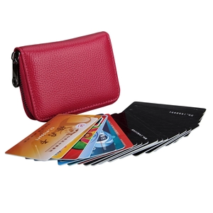 Detail of rose pink litchi texture leather RFID card holder with multiple slots