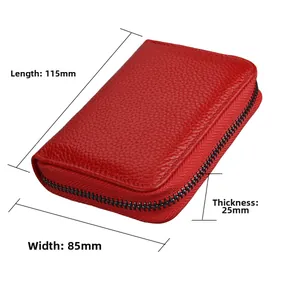 Red RFID leather card holder detail showing dimensions 115mm x 85mm x 25mm with zipper