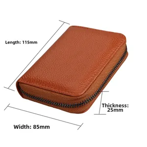 Detailed view of RFID leather card wallet with dimensions: 115mm by 85mm by 25mm