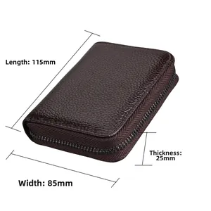 Detailed view of dark brown pebbled leather RFID wallet with dimensions 115mm x 85mm x 25mm