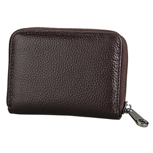 Close-up of dark brown lychee grain leather RFID card holder with silver metal zipper