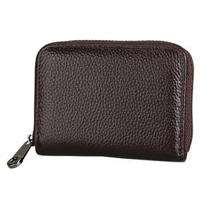 Detail of dark brown pebble grain leather RFID card holder with a sturdy metal zipper