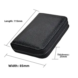 Close-up of black RFID leather card holder with litchi texture and 115x85x25mm dimensions