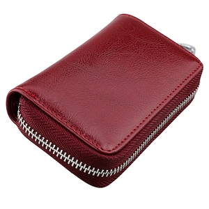 Multifunctional burgundy leather car key pouch with secure zip-around closure and silver hardware