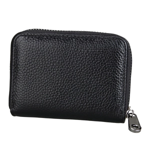 Close-up of black litchi grain leather card holder with secure metal zipper closure