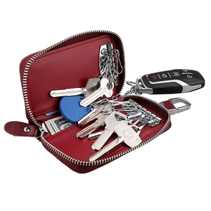 Dark red genuine leather car key holder with zipper and internal functional organizers
