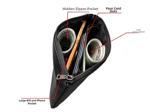 Détails de l'intérieur d'un portefeuille en cuir avec fentes RFID et poche zippée