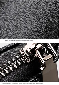 Détail de la texture en cuir véritable grainé et fermeture éclair en métal sur pochette noire
