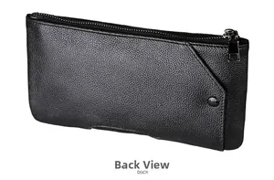 Vue arrière du long portefeuille noir en cuir grainé avec boucle en métal argenté