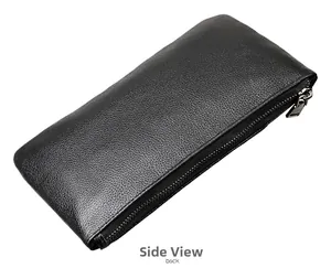 Vue latérale du portefeuille fin en cuir grainé noir avec détails de fermeture éclair