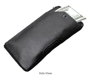 Vue latérale détaillée du portefeuille RFID en cuir noir grainé avec fermeture éclair