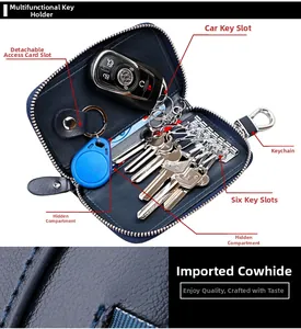 Detalle de estuche de cuero azul con 6 ganchos y ranura para llave de coche