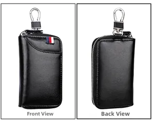 Vistas frontal y posterior del estuche de llaves de cuero negro con cinta tricolor fina