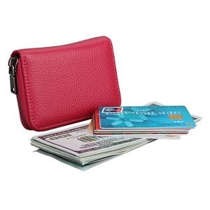 Compact rose red pebble leather card holder with secure metal zipper and large capacity