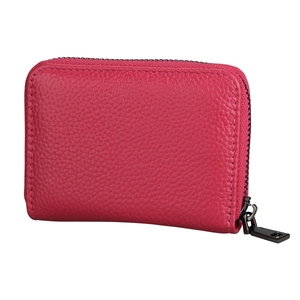 Rose red leather credit card holder wallet with lychee pattern and metal zipper closure