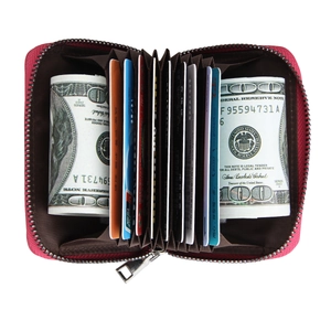 Rose red leather RFID blocking accordion card holder with eleven slots and zipper closure