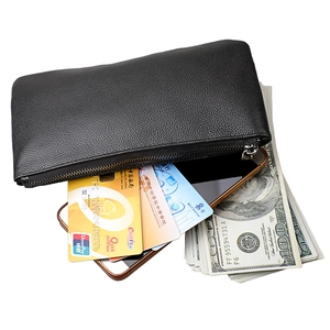 RFID Portefeuille Long en Cuir Véritable Femmes Hommes Cuir de Vache Motif Litchi Pochette de Téléphone Zippée Fine