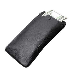 Portefeuille long en cuir noir RFID avec grain litchi et fermeture éclair sécurisée