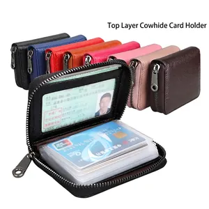 Genuine Leather RFID Blocking Card Holder Zipper Mini Wallet Multi Card Slots Litchi Pattern Unisex Business Casual