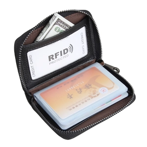 Genuine leather RFID card holder wallet with zipper and multi-slot sleeves in black