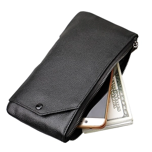 Portefeuille long en cuir noir RFID avec fermeture éclair et poche pour smartphone