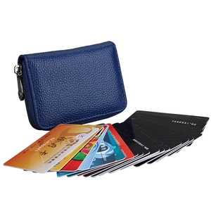 Dark blue RFID leather card wallet with pebbled texture and silver zipper closure