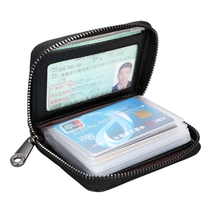 RFID-blocking black leather card holder with secure zipper and multiple internal slots