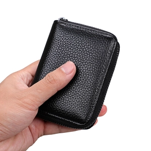 Genuine leather RFID blocking card holder with zipper and premium litchi texture