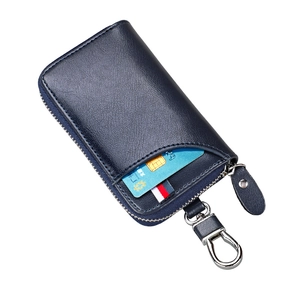 Estuche de cuero azul oscuro para llaves de gran capacidad con cremallera y gancho