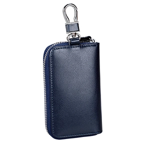 Estuche para llaves de cuero azul oscuro con cremallera, gancho plateado y grano guijarro