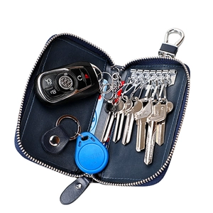 Estuche para llaves de cuero genuino de gran capacidad con cremallera en azul oscuro