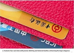 Detail of rose red lychee leather card holder with four slots and precision stitching