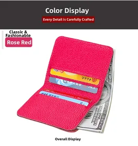 Macro shot of rose red leather card holder featuring multiple slots with cash and credit cards